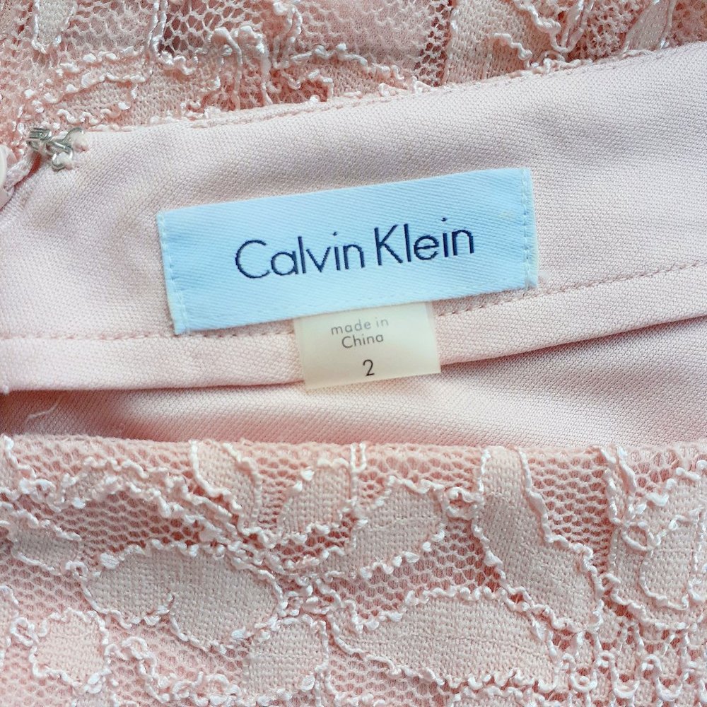CALVIN KLEIN Pleat Hem Ballet Pink Lace Sheath Dress 3/4 Sleeve - Picture 6 of 8